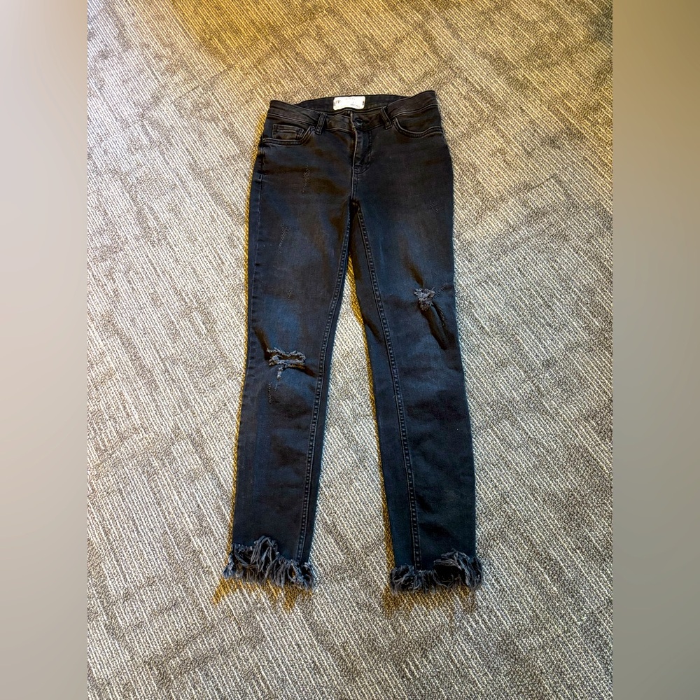 Free people, black, distressed, fringe, skinny jeans